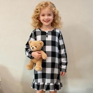 sz xl Girls Black & White Tartan Buffalo Plaid Christmas Holiday Nightgown